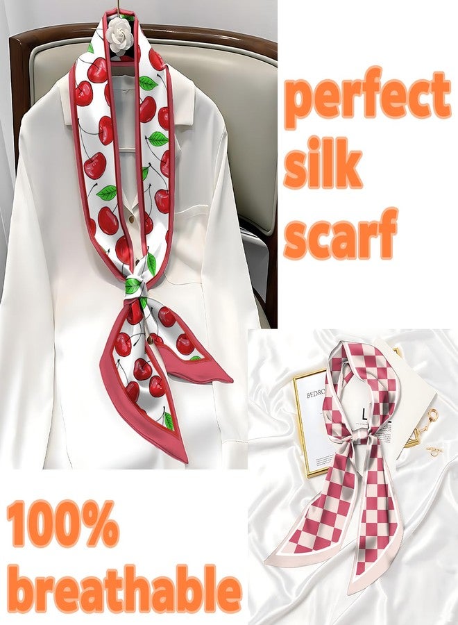BHAHB 2PCS Hair Head Scarf Silk Feeling Long Satin Neck Satin Scarves for Handbag Cute Decoration Aesthetic Women 59 * 6.7''-Pink Cherry - Image 3